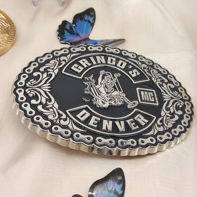 Un buen precio. Logotipo 3D personalizado de motocicleta cinturón antiguo Fijación con chapa de níquel y acabado de esmalte suave en línea